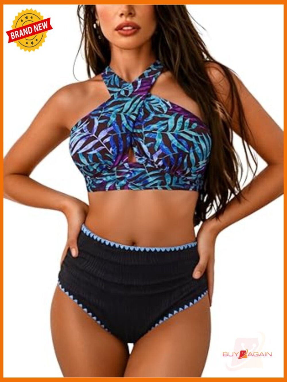 High Waisted Tummy Control Bikini Set, Ruched Full Coverage Two Piece Swimwear